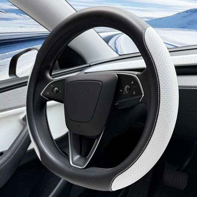 Tesla Model 3 and Model Y Steering Wheel Cover, Comfortable, Non-Slip, Breathable, Black and White Nappa Leather