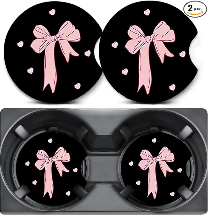 2 Pack Car Coasters for Cup Holders,Pink Bow Car Cup Holder Coasters,2.75" Universal Size Anti Slip Rubber Mat,Automotive Interior Accessories,Car Cup Holder Decor,Gifts for Women Men Mom Girl Wife