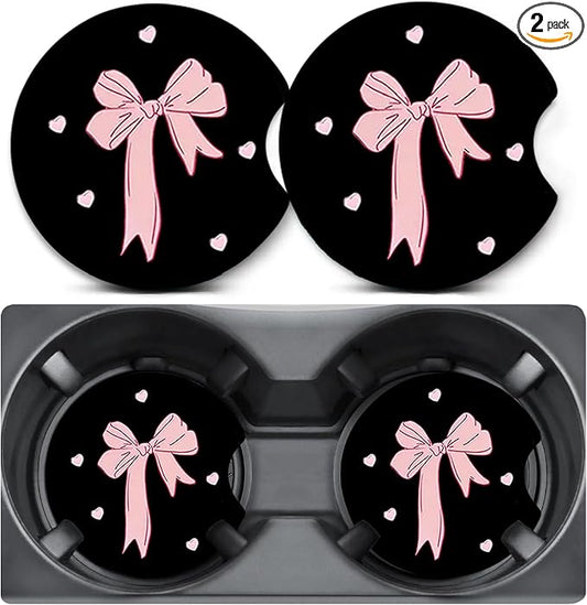 2 Pack Car Coasters for Cup Holders,Pink Bow Car Cup Holder Coasters,2.75" Universal Size Anti Slip Rubber Mat,Automotive Interior Accessories,Car Cup Holder Decor,Gifts for Women Men Mom Girl Wife