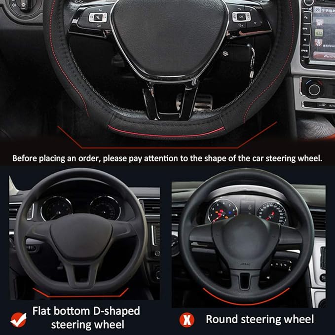 Universal 15 inch D-Type PU Leather Steering Wheel Cover, D-Type,Breathable, Anti-Slip, Odorless (Red-Black)