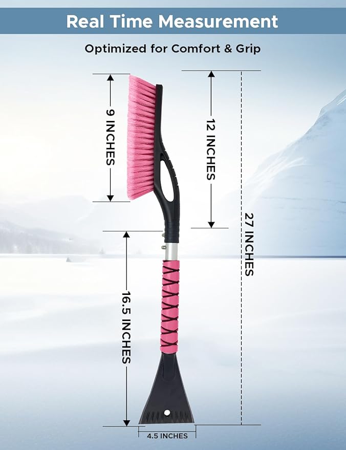 27" Car Snow Brush and Ice Scrapers for Car Windshield (2 Pack), Window Scraper with Ergonomic Foam Grip, Snow Removal for Car, Must Have Winter Car Accessories (Green and Pink)