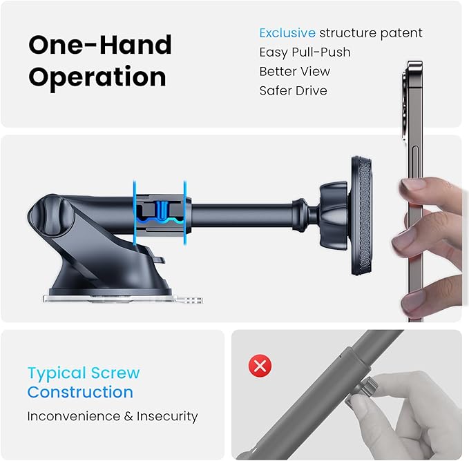 APPS2Car Magnetic Phone Mount for Car, Dashboard & Windshield Suction Cup Holder with Telescopic Arm, Requires Metal Plate (Included), Universal Fit for iPhone & Android Smartphones