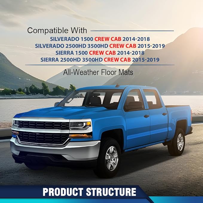 PIT66 Floor Mats Cargo Liners Compatible with Chevy Silverado/GMC Sierra 1500 Crew Cab 2014-2018 Fit Chevy Silverado/GMC Sierra 2500HD 3500HD Crew Cab 2015-2019 TPE All Weather Cover Protection Liners