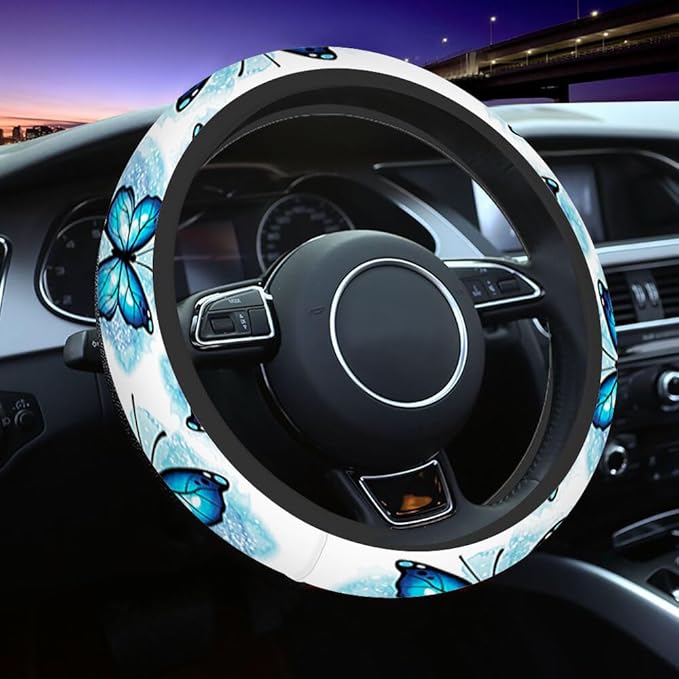 Watercolor Butterfly Steering Wheel Cover Butterfly with Black Edge Steering Wheel Cover for Women Men Anti-Slip Breathable Steering Wheel Protector Car Accessories