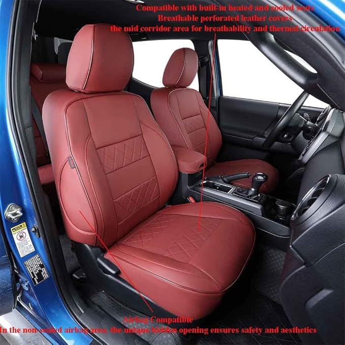 EKR Custom Fit Tacoma Front Car Seat Covers for Select Toyota Tacoma 2016 2017 2018 2019 2020 2021 2022 2023 Double Cab/Access Cab - Front Row Only,Leather (Burgundy)