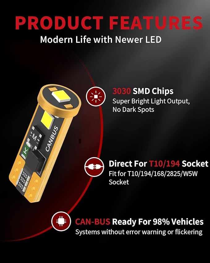 LASFIT 194 LED Bulb 6000K White, T10 168 2825 W5W LED Replacement Light Bulbs, For Dome Map Light, Door Light, Courtesy Light, License Plate Light, Trunk Light, Super Bright (Pack of 10)