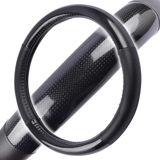 Motor Trend Ergonomic Grip Leather Steering Wheel Cover Non Slip Protector for Small Size Steering Wheels in Cars SUVs Vans 13.5"-14.5", Carbon Fiber Synthetic Leather, Car Steering Wheel Cover, Black