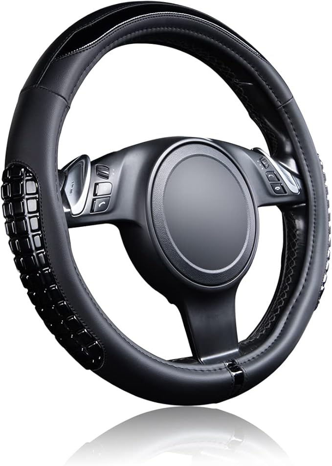 Flying Banner car Steering Wheel Cover Gel Massage Velvet Cool Warm Universal Size 15 inches SUV Truck Anti Slip Odorless Summer Winter (Black Black, Gel Massage)