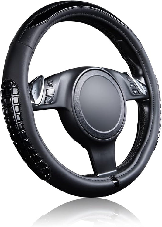 Flying Banner car Steering Wheel Cover Gel Massage Velvet Cool Warm Universal Size 15 inches SUV Truck Anti Slip Odorless Summer Winter (Black Black, Gel Massage)