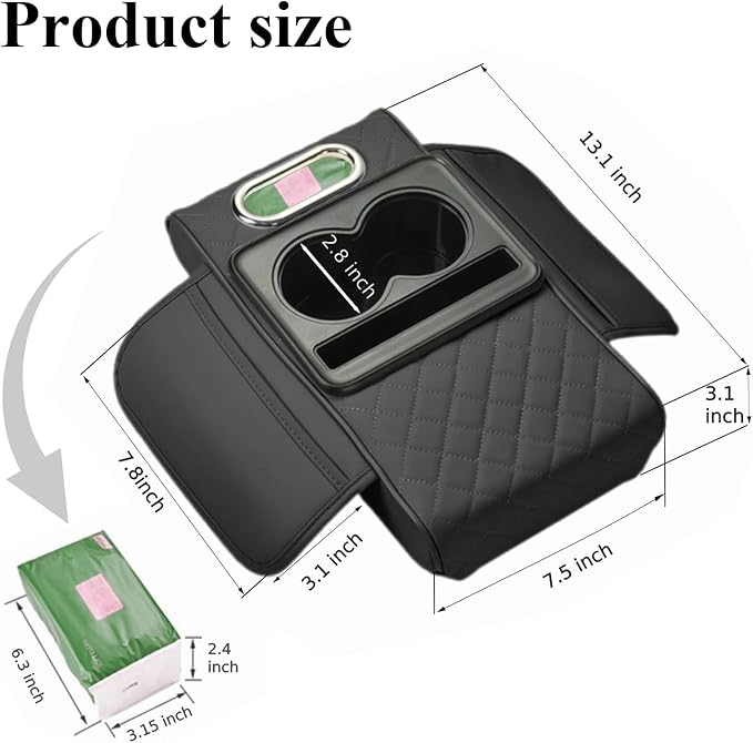 Car arm Rest Cover Pad, 5-in-1 Center Console Cover with Cup Holder, Tissue Box Slot, Mobile Phone Storage Slot, Suitable for Most Car Console Organizer, 13.8''x7.1''x3.0'', (Black)