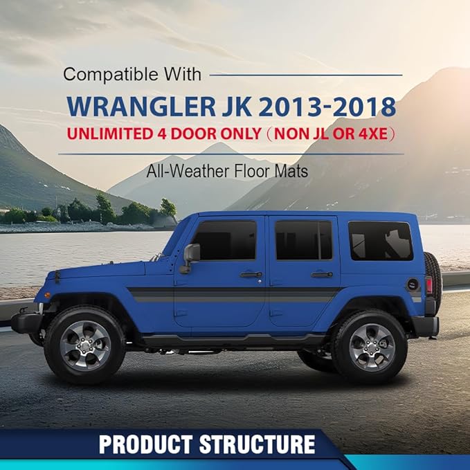 PIT66 Floor Mats Cargo Liners Compatible with Jeep Wrangler JK 2013 2014 2015 2016 2017 2018 Unlimited 4 Door Only (Non JL or 4XE) 1st & 2nd Row All Weather TPE Liner Accessories Black