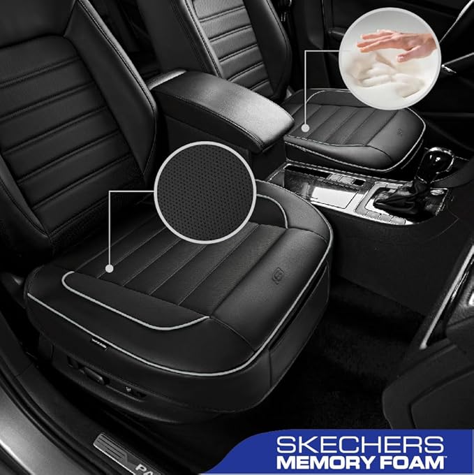 Skechers Car Seat Cover,Memory Foam Luxury Faux Leather Front Bottom Seat Cushion Cover,Universal Anti-Slip and Wrap Around The Bottom with Storage Bags,Suitable for Most Vehicles-1 Piece,Grey