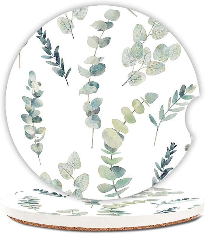 Green Leaf Watercolor Floral Absorbent Cup Holders Car Coasters,Ceramic Stone Drinks Coaster Set for Women Man 2.56"(2 Pack)