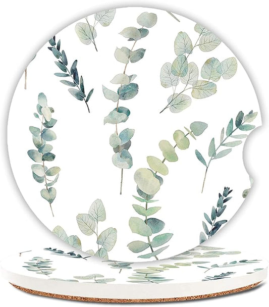 Green Leaf Watercolor Floral Absorbent Cup Holders Car Coasters,Ceramic Stone Drinks Coaster Set for Women Man 2.56"(2 Pack)