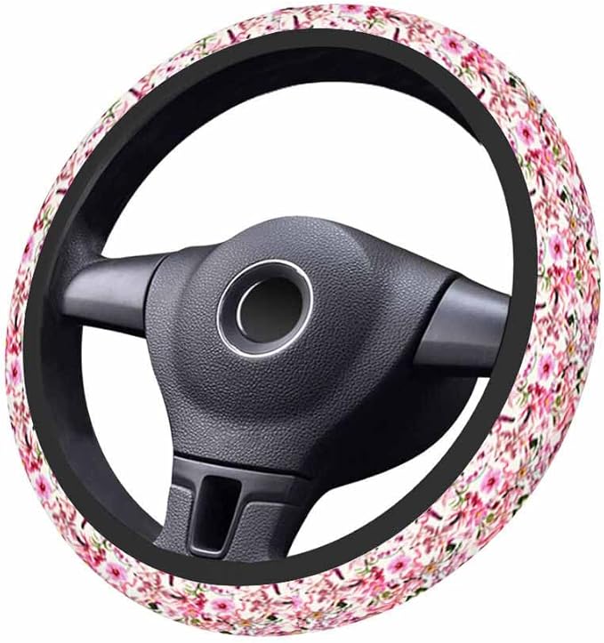 Pink Roses Elastic Steering Wheel Cover Many Kinds of Blooming Tropical Flowers Steering Wheel Cover Anti Slip Protective Case Universal Stretch Steering Protector