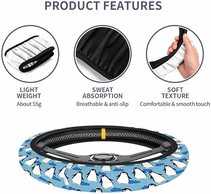 Penguin Elastic Steering Wheel Cover Cute Penguin Blue Sky and White Clouds Steering Wheel Cover Anti Slip Protective Case Universal Stretch Steering Protector