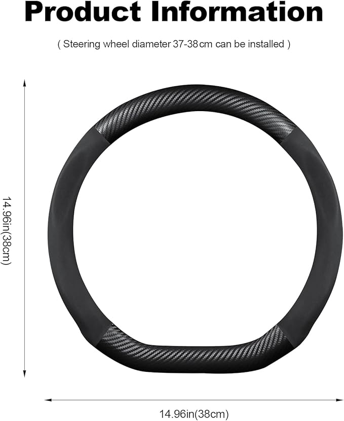 Ergocar D-Shaped Carbon Fiber & Microfiber PU Leather Steering Wheel Cover Anti-Slip Car Steering Wheel Protector Breathable Sweat Absorbent Sport for Diameter 38cm（15"）-Black