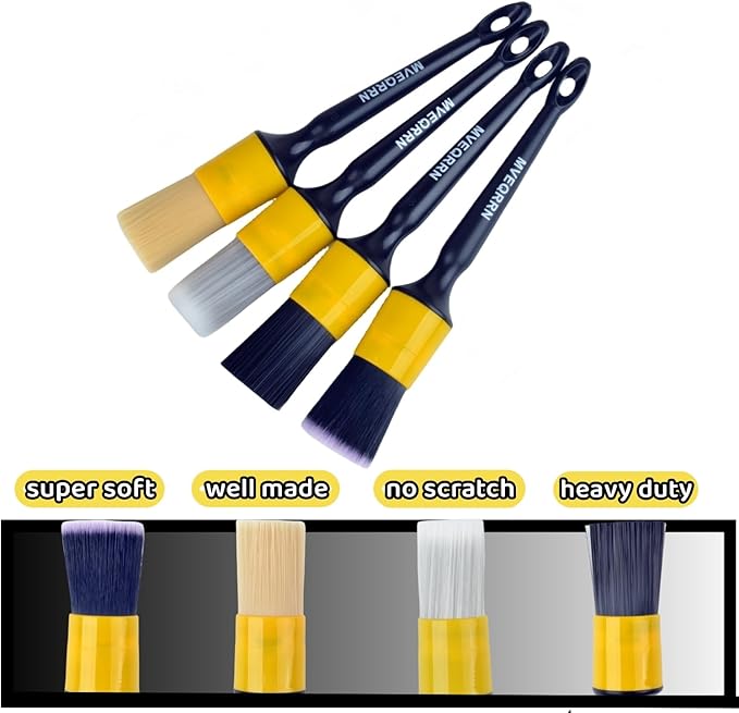 4pcs Car Detailing Brush Set, Boars Hair, Ultra Soft, No Scratch, Interior & Exterior, Includes 4 Different Brushes, Ergonomic Design, Multi-use for Vehicle, Bicycle, Motorcycle, Boat