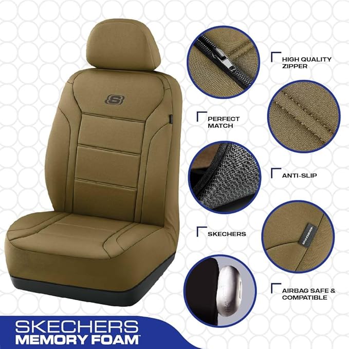 Skechers Memory Foam Car Seat Covers,Lycra Fabric Seat Covers, Car Seat Covers Front Seats Airbag Compatible, Automotive Comfort Protection for Most Cars,Trucks, SUVs(Brown)