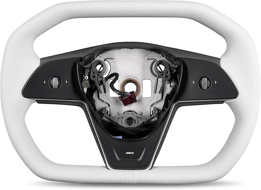 ZIMABLUE Cyber truck-Style Heated Steering Wheel for Tesla Model 3 (2017–2023) & Model Y (2020–2024) | White Microfiber Leather | White Center Stripe | Factory-Matched 1:1 Fitment