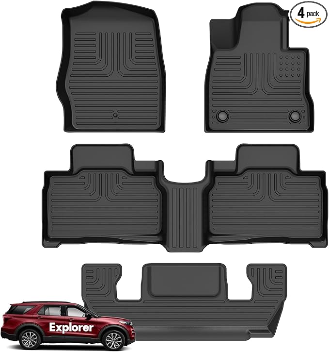 Wayhigh-Floor Mats Fit for 2020-2025 Ford Explorer 6 Seats All Weather TPE Car Mats Waterproof Heavy Duty Rubber Floor Liners for Explorer Accessories Custom Fit Black Liners