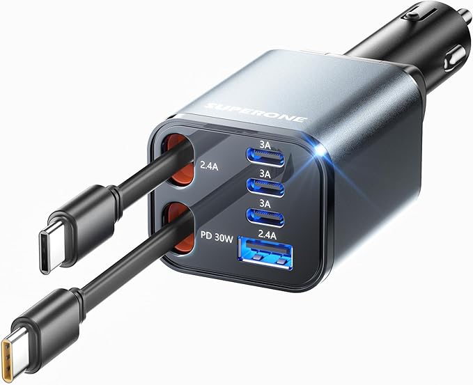 SUPERONE Retractable Car Charger, [Ultra-Compact] 6-Port Car Charger USB C, iPhone Car Chargers Fast Charging with Dual USB C Cables, Car Accessories Phone Chargers for iPhone 17/16/15/14/13/12 Series
