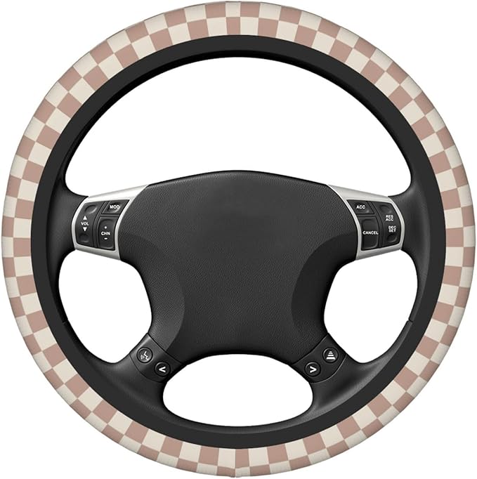Khaki Checkered Steering Wheel Cover for Women,Universal Auto Steering Wheel 14-15 Inch Car Interior Accessories with 2PCS Car Coasters,Suitable for Men and Women