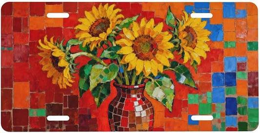 Sunflower Vase Front License Plate Car Decorative License Plates Aluminum Metal Decor Accessory Novelty Vanity Tag Cover with 4 Holes for Men Women 6" X 12"