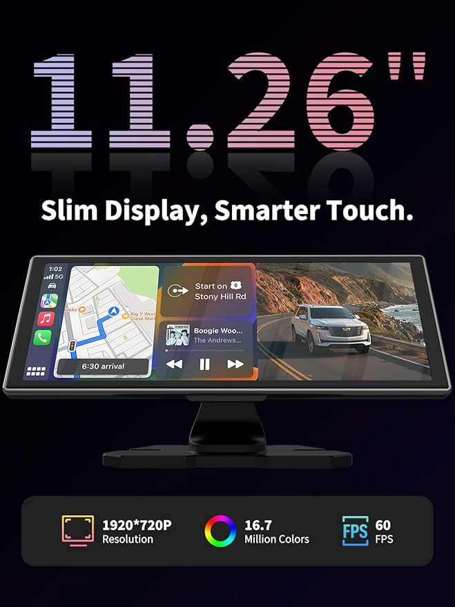 Largest Portable 11.26'' Wireless CarPlay/Android Auto Screen with 2.5D 1920x720 HD Display, Built-in DVR, 4K Front + 1080P Rear Camera, Car Screen,Easy Install Dash Cam,GPS Navigation,Voice Control