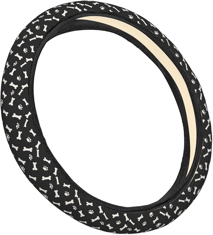 Dog Paw Bone Print Steering Wheel Covers Anti-Slip Elasticity Car Accessories Steering Wheel Protector Universal 15 Inch for Cars SUV Vehicle Truck