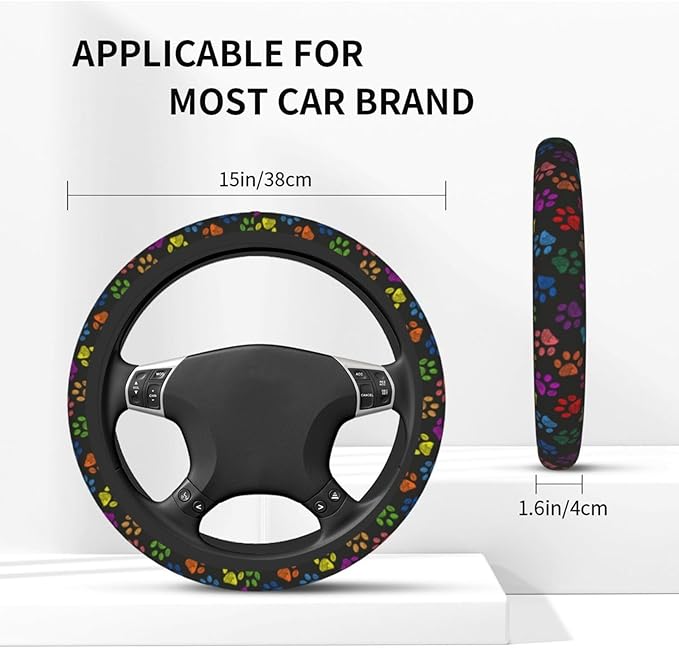 Paw Prints Steering Wheel Cover with 2 Car Coasters Non Slip Neoprene for Women Men Universal 15 Inch