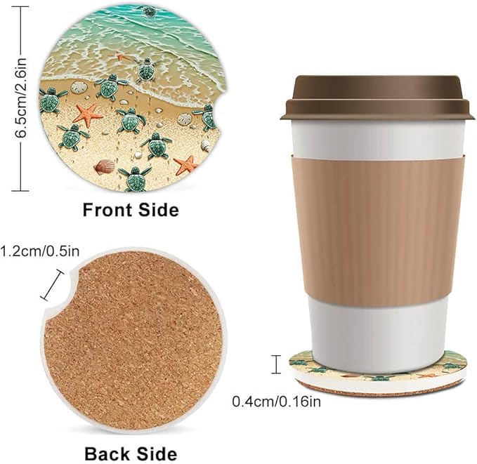 Turtles On The Beach Absorbent Cup Holders Car Coasters,Ceramic Stone Drinks Coaster Set for Women Man 2.56"(2 Pack)