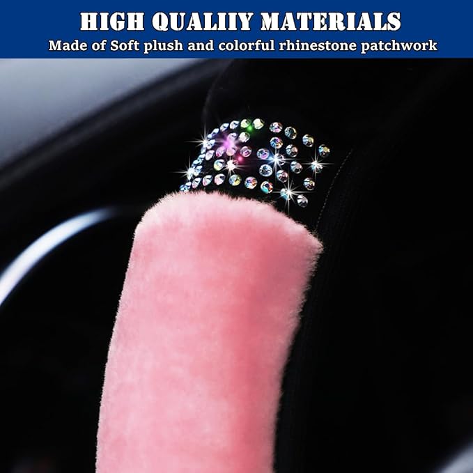 Fluffy Steering Wheel Cover, Universal 15 Inch Colorful Rhinestones Car Steering Wheel Cover, Sparkly Crystal Diamond Steering Wheel Protector for Women Girls,Pink