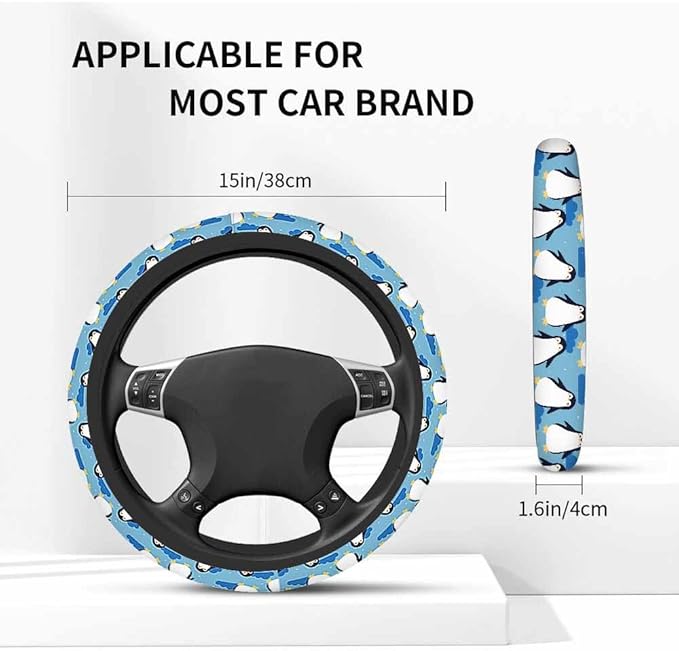Penguin Elastic Steering Wheel Cover Cute Penguin Blue Sky and White Clouds Steering Wheel Cover Anti Slip Protective Case Universal Stretch Steering Protector