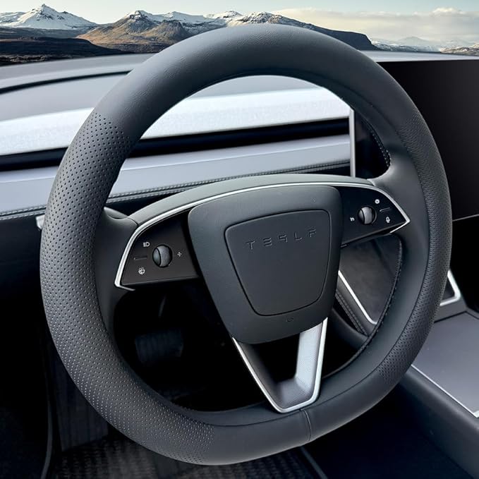 Tesla Model 3 and Model Y Steering Wheel Cover, Comfortable, Non-Slip, Breathable, Black Nappa Leather (Black)