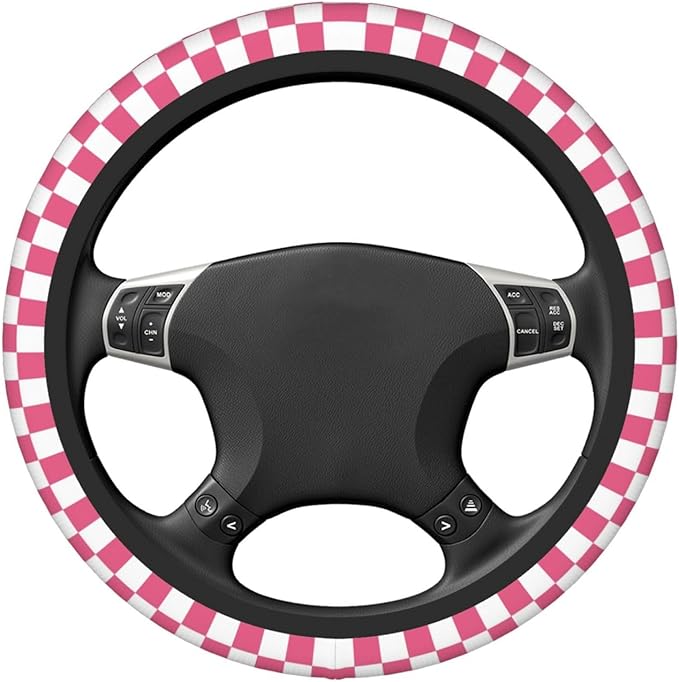 Pink Checkered Steering Wheel Cover for Women,Universal Auto Steering Wheel 14-15 Inch Car Interior Accessories with 2PCS Car Coasters,Suitable for Men and Women