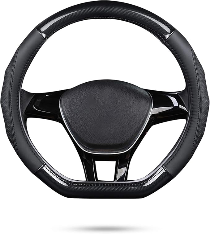 Ergocar Car Steering Wheel Cover Non-Slip Car Steering Wheel Protector Sport D-Shape Carbon Fiber & First Layer Cowhide Universal for Diameter 38cm(15") (D-Black)