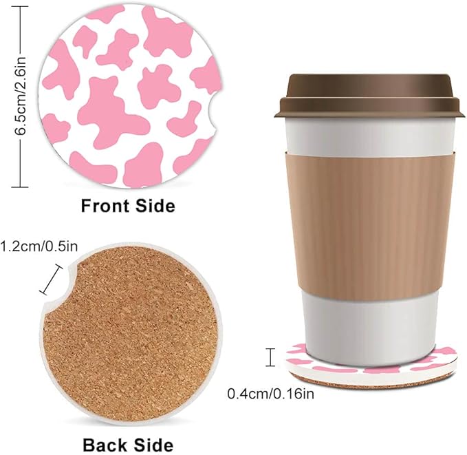 Pink Cow Print Absorbent Cup Holders Car Coasters,Ceramic Stone Drinks Coaster Set for Women Man 2.56"(2 Pack)