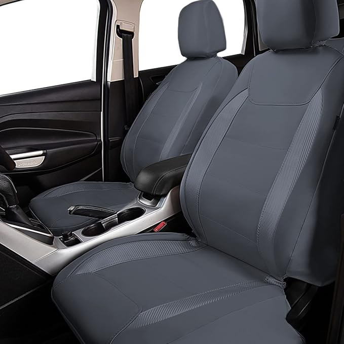 Flying Banner car seat Covers Protects Water Proof Faux Leather Carbon Fiber Front and Rear Bench Split 40/60 50/50 60/40(Gray Gray, Full Set - 8PCS)