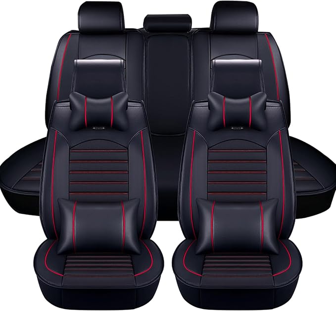 otoez Car Seat Covers Full Set, 5 Seats Faux Leather Seat Covers for Cars, Waterproof Automotive Front & Rear Seat Cushion Protector Interior Covers for Most Cars Sedans Trucks SUVs, Black & Red