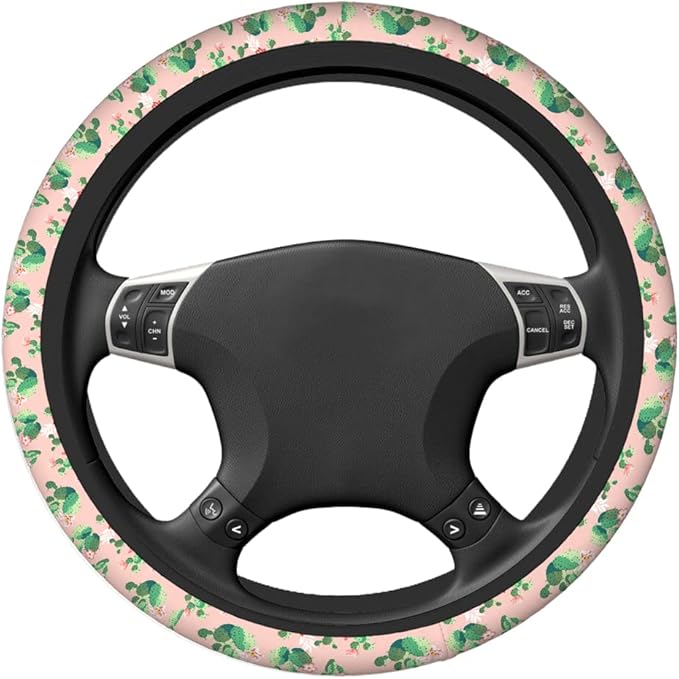 Swono Green Cactus Steering Wheel Cover Cute Prickly Pear Cactus Print Pattern On Pink Universal 15 Inch Auto Car Steering Wheel Covers SUV Anti Slip Wheel Wrap Protector for Men Women