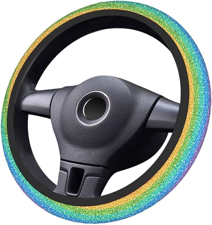 Swono Steering Wheel Covers Rainbow Glitter Shining Colorful Rainbow Gradient Sparkle Glitter Non Slip Neoprene Car Wrap Cover Comfort Grip Stretch-On Automotive Steering Wheel Protector 15 Inch