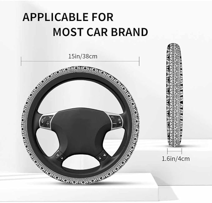 Thai Elephant Steering Wheel Cover Intricate Black and White Design Steering Wheel Cover for Women Men Anti-Slip Breathable Steering Wheel Protector Car Accessories