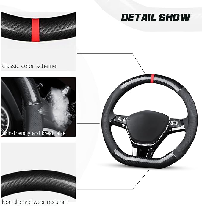 Ergocar Car Steering Wheel Cover Non-Slip Car Steering Wheel Protector Sport D-Shape Carbon Fiber & PU Leather Universal for Diameter 38cm(15") (Black-red)