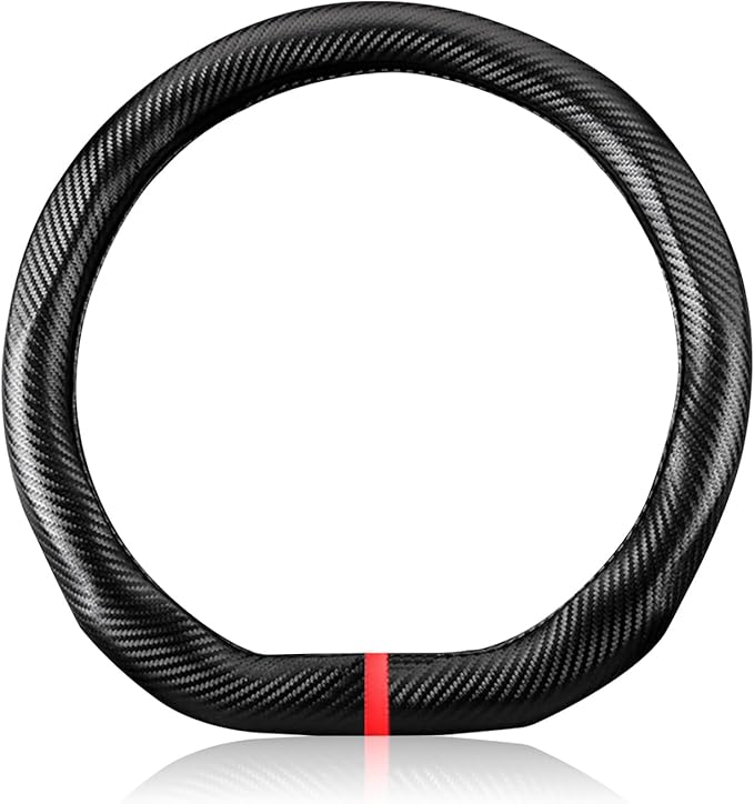 Ergocar Carbon Fiber Material Steering Wheel Cover Anti-Slip Breathable Sweat Absorbent Fashionable Sport Steering Wheel Sleeve for D-Shaped Diameter 15"（37.5-38cm）-Black Stripe