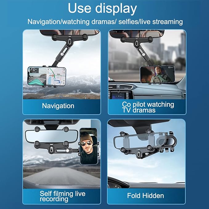 360°Rotatable and Retractable Car Phone Holder, Multifunctional Adjustable Mount, Universal Rearview Mirror Phone Holder for All Mobile Phones (Four clamp)