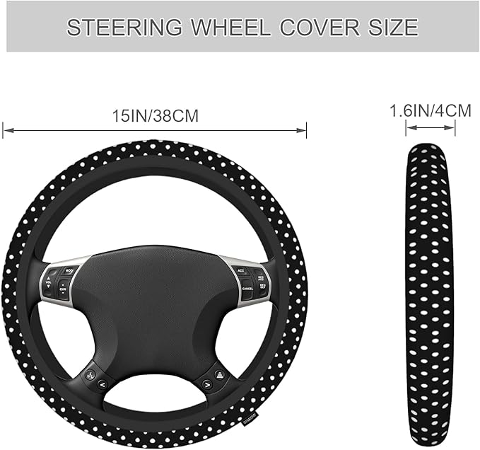 White Dot Steering Wheel Cover - Boho Polka Dot Spot Elastic - 15 Inch Universal - For Trucks, Auto, Vans