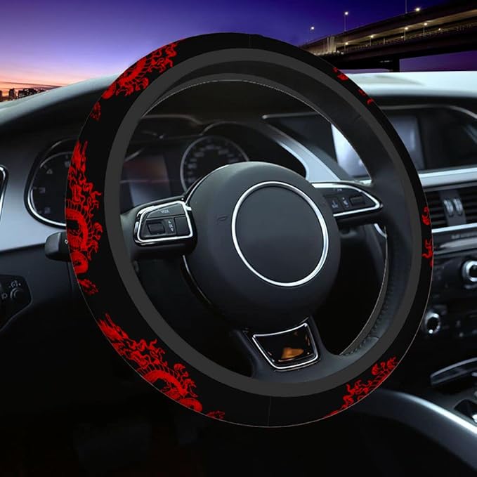 Swono Dragon Red Universal Neoprene Steering Wheel Cover Abstract Chinese Dragon Red Black 15 Inch Steering Wheel Covers,Printed Steering Wheel Elastic Protection for Women and Girls