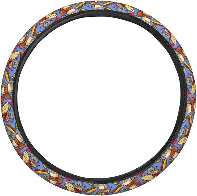 Dujiea Fast Food Hamburger Pizza Cola Elastic Stretch Steering Wheel Cover, Anti-Slip and Durable Car Steering Wheel Accessories for Women Men, 15 Inch Universal Fit Car, Truck, SUV