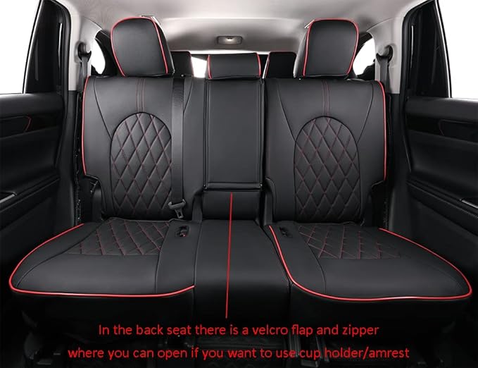 EKR Highlander Seat Covers for Toyota Highlander 2014 2015 2016 2017 2018 2019,2nd Row 40/60 Split,Car Seat Protectors for Trucks,Leather Car Seat Cover Full Set-Faux Leather(Black with Red Trim)